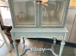 Vintage French Glass Front Cabinet Shelf Unit Blue White Accent Storage Display