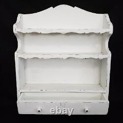 Vtg Wall Hanging White Distressed Wooden Display Shelf Cabinet Rack with Drawer
