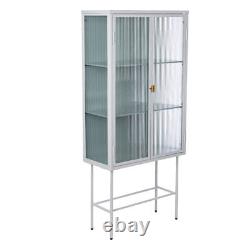 WHITE Tall Freestanding Display Cupboard Stylish Fluted Glass Storage Cabinet