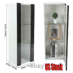 Wall Display Cabinet Glass Door 3 Tiers Bathroom Storage Shelves With LED Lights