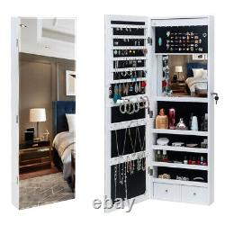 Wall Door Mounted Mirrored Jewelry Cabinet Storage Organizer WithLED Light
