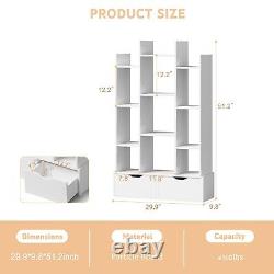 White Book Shelves with 2 Drawers Tree Shape Bookcase Display Storage Organizer
