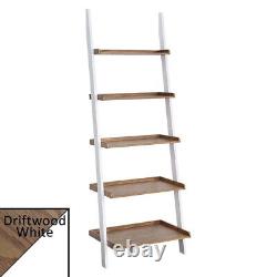 White Brown 5-Tier Ladder Bookcase Bookshelf Leaning Wall Shelf Storage Display