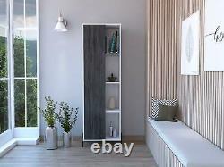 White Display Storage Cabinet Cupboard with 8 Shelves and Grey Oak Effect Door