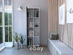 White Display Storage Cabinet Cupboard with 8 Shelves and Grey Oak Effect Door