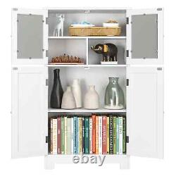 White Finish Floor Cabinet Curio Case Display Storage Shelf Glass Doors Bathroom