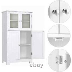 White Finish Floor Cabinet Curio Case Display Storage Shelf Glass Doors Bathroom