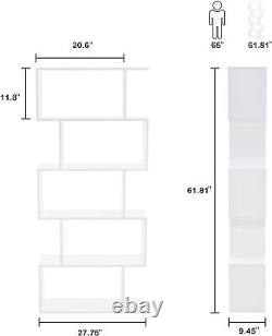 White Geometric Bookcase (5-Tiers) Modern S-Shaped Shelf, Display Storage