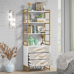 White Gold Bookcase Bookshelf with 3 Drawers, Open Display Rack Storage Shelves