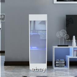 White High Gloss Glass Display Cabinet Blue LED Light Sideboard Storage Shelves