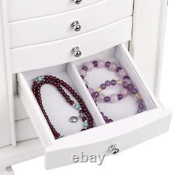 White Large Wooden Jewellery Box Earring Bracelets Organizer 6 Drawer Mirror 10