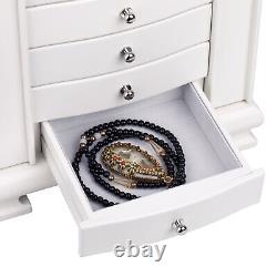 White Large Wooden Jewellery Box Earring Bracelets Organizer 6 Drawer Mirror 10