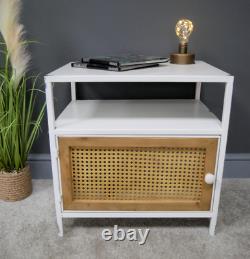 White Metal And Rattan Bedside Table 1 Door Storage Cabinet Side Display Unit