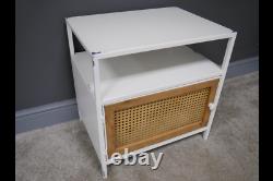 White Metal And Rattan Bedside Table 1 Door Storage Cabinet Side Display Unit