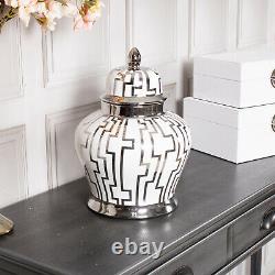 White Silver Ginger Jar Medium Storage Decor Display Lattice Home Vase Lid Decor
