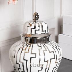 White Silver Ginger Jar Medium Storage Decor Display Lattice Home Vase Lid Decor