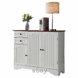 White & Walnut Wood Kitchen Storage Buffet Display Cabinet With Storage Drawe