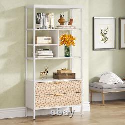 White Wood 2-Drawer Bookcase Bookshelf Storage Display Shelves with Metal Frame