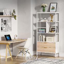 White Wood 2-Drawer Bookcase Bookshelf Storage Display Shelves with Metal Frame