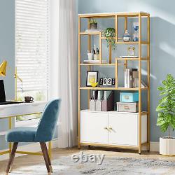 White Wood Bookcase Etagere Bookshelf with Doors, Modern Storage Display Stand