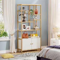 White Wood Bookcase Etagere Bookshelf with Doors, Modern Storage Display Stand