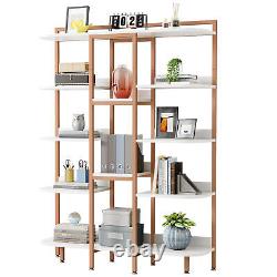 White Wood Bookshelf Bookcase Open 10-Shelf Storage Display Rack with Metal Frame