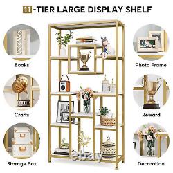 White Wood Bookshelf Bookcase Open Storage Shelves Display with Gold Metal Frame