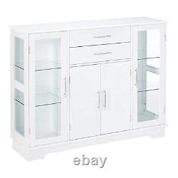 White Wood Kitchen Buffet Display Cabinet With Storage Drawers & Glass Doors