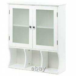 White Wood Wall Cabinet with Frosted Glass Doors Storage Kitchen Bathroom Display