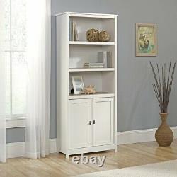 White Wooden 5 Shelf Bookcase with Doors Library Bookshelf Hidden Storage Display
