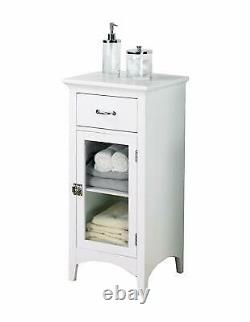 White Wooden Floor Cabinet Bath 2 Shelf Tier Towel Storage Door Bathroom Tower