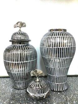 White and Silver Set Of Ginger Jar Storage Home Display Vase Bling