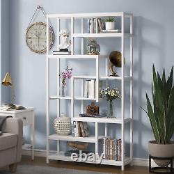 Wood Staggered Bookshelf Etagere Bookcase Storage Display Shelf Free Standing