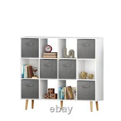 Wooden Open Shelf Bookcase 3-Tier Floor Standing Display Cabinet Rack with 6 Bins