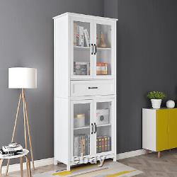 Wooden Tall Bookcase Shelving Storage Cabinet With 2Doors & Drawer Display Cabinet