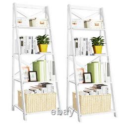 2-set Ladder Bookshelf 4-tier Display Plant Leaning Home & Office Blanc