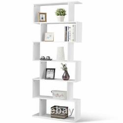 6 Tier S-shaped Bookcase Modern Storage Display Z-shelf Style Bookshelf Blanc