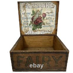 Antique Fairbank's Fée Pure Savon Flottant Blanc Boîte en Bois Présentoir de Magasin de Campagne