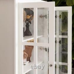 Bibliothèque vitrine en bois finition blanche avec porte en verre et tiroir de rangement.