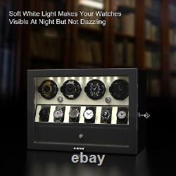 Boîte de rangement pour montres automatiques à 4 enrouleurs avec lumière LED et présentoir pour 6 montres - Blanc