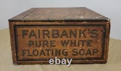Boîte en bois d'exposition de magasin de campagne du savon flottant pur blanc de fée de Fairbank's Antique