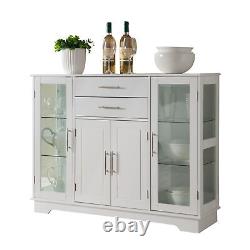 Buffet en bois blanc avec rangements, tiroirs et portes en verre de cuisine.