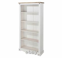 Corona White 5 Shelf Bookcase Tall Solid Wood Washed Pine Top Storage Display