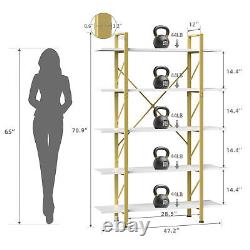 Étagère bibliothèque 5 étages dorée de 71 pouces de haut, de grande largeur pour affichage et rangement