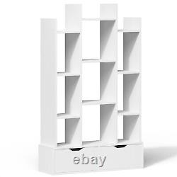 Étagères blanches avec 2 tiroirs - Bibliothèque en forme d'arbre pour l'exposition et le rangement des livres.