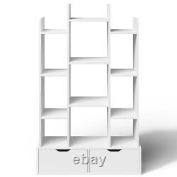 Étagères blanches avec 2 tiroirs - Bibliothèque en forme d'arbre pour l'exposition et le rangement des livres.