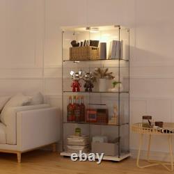 Nouveau meuble vitrine en verre à 4 étagères avec 2 portes et éclairage LED, bibliothèque, vitrine, blanc