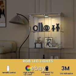 Vitrine à 3 étagères en verre avec éclairage LED, 2 portes blanches, meuble de rangement pour objet de collection