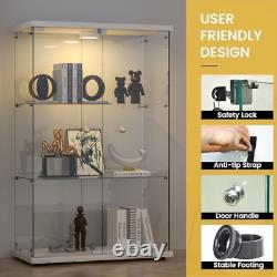 Vitrine à 3 étagères en verre avec éclairage LED, 2 portes blanches, meuble de rangement pour objet de collection