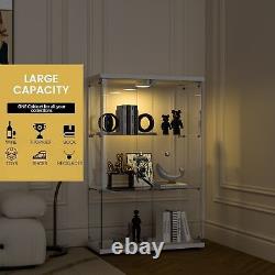 Vitrine à 3 étagères en verre avec éclairage LED, 2 portes blanches, meuble de rangement pour objet de collection